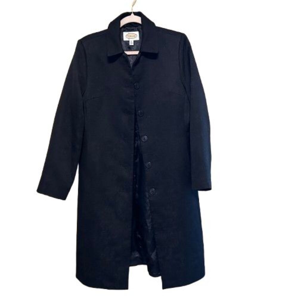 VTG Talbots Duster Trench Coat Womens Size 8 Black Floral Jacquard Midi Jacket